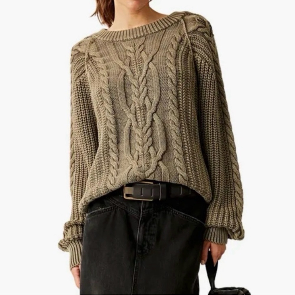 EUC Free People Frankie Olive Green Cable Sweater Women's Size Large